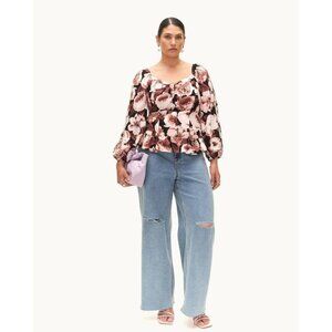 Addition Elle Linen Blouse Top Womens Plus 2X Floral Smocked Back New With Tags